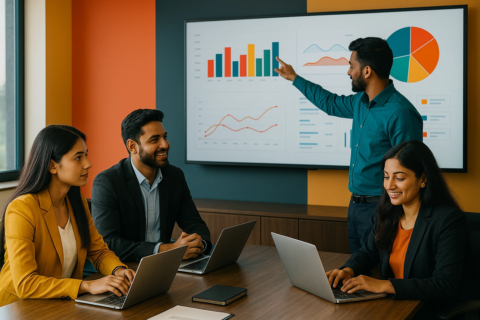 Employees reviewing progress reports on ShareDocs Enterpriser dashboard in a conference room