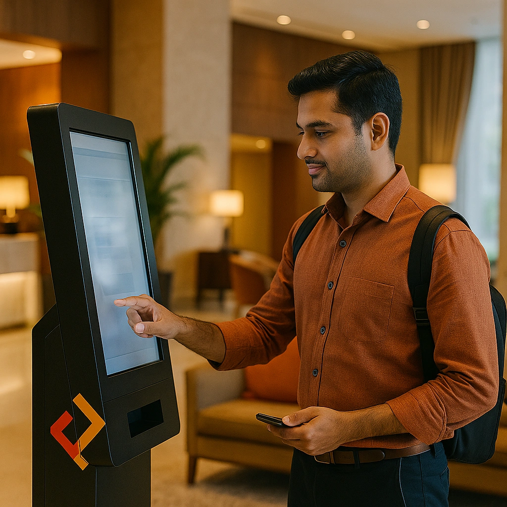 Visitor checking in at hospitality facility using VizTrak QR code system