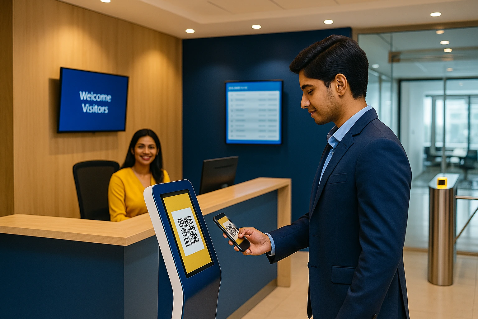 Visitor scanning QR code at entry using VizTrak visitor management system